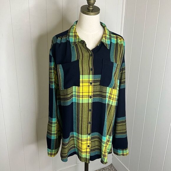 Cato Women's Size XL Blue Yellow Patchwork Long Sleeve Button Down Shirt Top - Picture 1 of 15